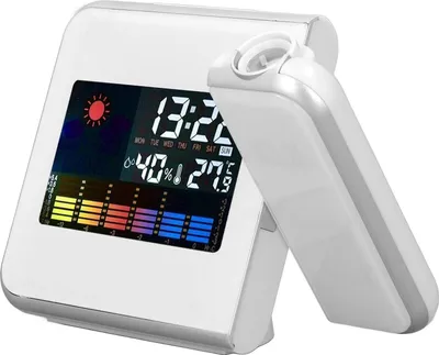 Produktbild von Wetterstation, Uhr, Temperatur, Luftfeuchtigkeit, LCD-Farbdisplay, LED-Hintergrundbeleuchtung, Schlummerfunktion, Projektionsalarm, Weiß, ohne Verkabe
