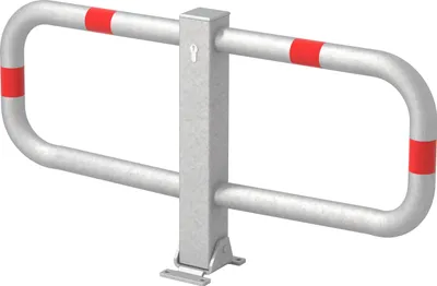 Produktbild von Alberts Parkplatzbügel Stoppy I | zum Aufschrauben, umlegbar | feuerverzinkt, mit roten Ringen | 450 x 950 mm