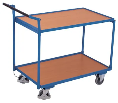 Produktbild von VARIOfit Tischwagen mit gebogenem Schiebegriff und 2 Ladeflächen 985x590mm sowie Totmannbremse Enzianblau RAL 5010