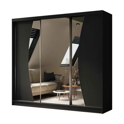 Produktbild von Schwebetürenschrank VOX 240 cm – Kleiderschrank mit 3 Schubkasteneinsätze, Spiegel & Schiebetüren (Schwarz)