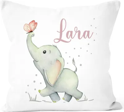 Produktbild von Kissen-Bezug Kinder mit Namen personalisiert Elefant Schmetterling Tiermotiv Tiere Namenskissen Jungen MädchenSpecialMe® weiß 40cm x 40cm