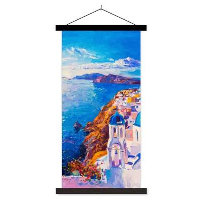 Produktbild von MuchoWow® Textilposter Malerei - Griechenland - Wasser - Öl 90x180 cm mit schwarzem Rahmen - Dekoration Wohnzimmer