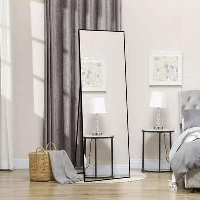 Produktbild von UnboxG 77 x 177 cm Standspiegel, Schwarz Boden großer Spiegel, stehender Spiegel, gegen Wand für Schlafzimmer, Verkleidung und an der Wand befestigter dünner Rahmen Spiegel, Schwarz