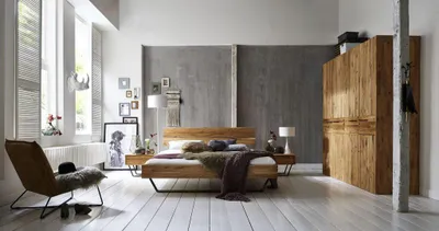 Produktbild von Bett Radovre 140x200 Wildeiche massiv Kopfteil Metallkufe Metallfüße