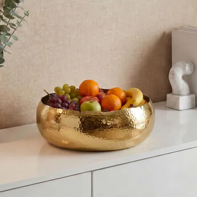 Produktbild von FineBuy Obstschale Rund Gold Schale Metall 35cm Tischdeko Moderner Obstkorb Hammerschlag Aluminium Elegante Alu Früchteschale Handmade