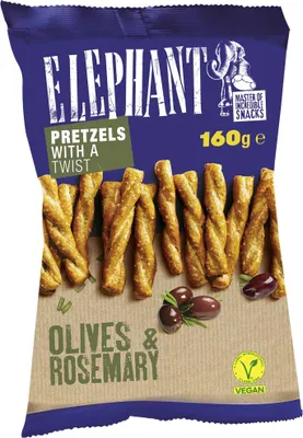 Produktbild von Elephant Twisted Pretzels Olive und Rosmarin Packung 160g