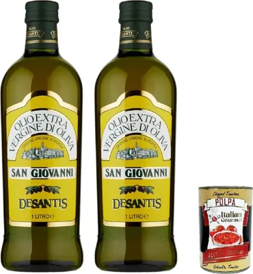 Produktbild von DeSantis San Giovanni Olivenöl Extra Vergine – 2×1 L – kalt extrahiert, harmonischer Geschmack für Küche & Salate, EU-Oliven, Glasflaschen – – + Italian Gourmet polpa
