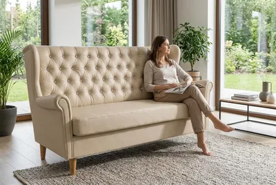 Produktbild von Schlafsofa GAJA Boston – Gesteppt, Kunstleder in Hellbeige, Family Meble, KI-generiertes Bild