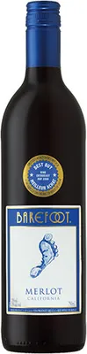 A bottle of Barefoot Merlot wine against a white background.