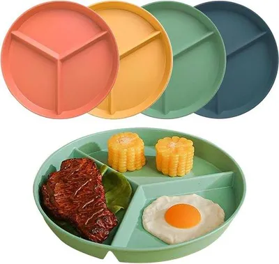 Obrázek produktu pro Talíře s kontrolovanými porcemi – sada 4 ks – 24,5 cm – 3 oddíly – opakovaně použitelné ploché talíře – rodinné talíře – pro dospělé i děti