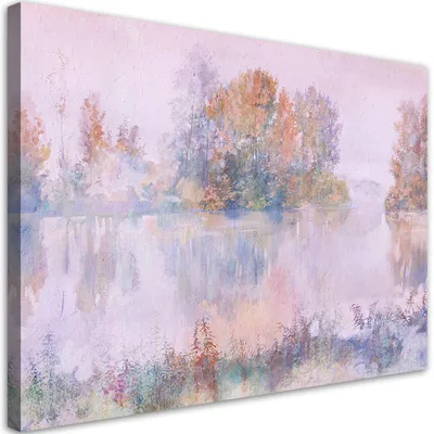 Produktbild von Leinwandbild blick auf den see 100x70 cm Feeby lila wandbild bereit zum aufhängen