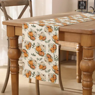 Obrázek produktu pro Podložka pod talíře, podzimní motiv, 33x183 cm, oranžová, s motivem listů a dýní, polyester, omyvatelná