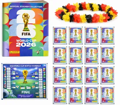 Image de XXL WM 2026 Sammelset – inkl. Panini Stickeralbum, passenden Stickern, Spielplan und Deutschland Blumenkette (10 Tüten / 70 Sticker)