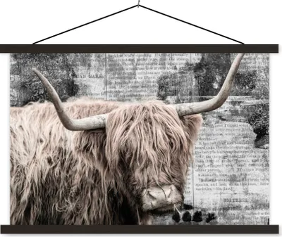 Produktbild von MuchoWow® Textilposter Schottisches Hochlandrind - Kuh - Retro 150x100 cm mit schwarzem Rahmen - Schlafzimmer