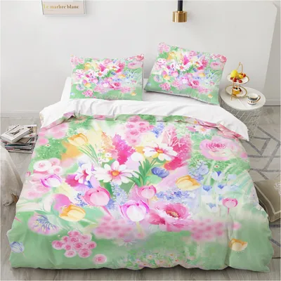 Productafbeelding van Beddengoedset, 200x220 cm, bloemenmotief, kleurrijk, groen, bloemenprint, microvezel, 3-delig, met rits, 2 kussenslopen van 80x80 cm