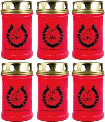 Produktbild von Grabkerze Rot 6er Pack, Brenndauer: 48 Stunden ( je Kerze ), Motiv: Hufeisen