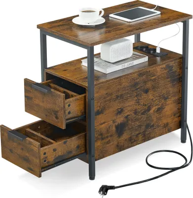A side view of a rustic brown end table with two drawers, a shelf, and built-in power outlets.