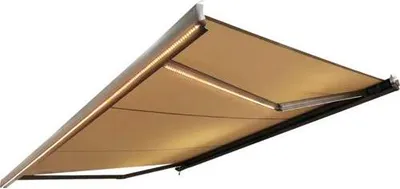 Produktbild von Kassettenmarkise Sonnino 4x3 Stoff sahara beige Gestell RAL 7039 quarzgrau matt inkl. Motor, Fernbedienung und LED Beleu