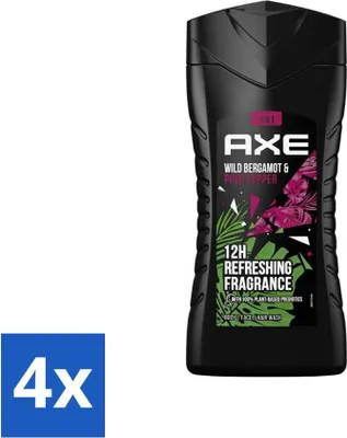 Productafbeelding van Axe - 3-in-1 Douchegel - Wilde Bergamotte & Rosa Peper - 100% plantaardig - 250 ml - Voordeelverpakking - 4 stuks