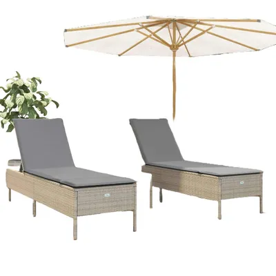 Image de Bains de soleil avec coussins 2 pièces Poly Rattan Beige