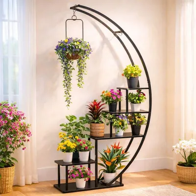 Immagine prodotto di DanDiBo Scaffale per fiori da interno 170 cm di altezza Metallo Nero Semicircolare 96585 Scala per fiori Grande Portapiante Rotondo Design Moderno