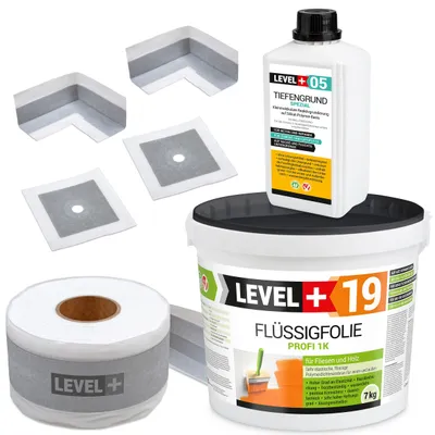 Obrázok produktu pre Hydroizolačná súprava Tekutá fólia 7 kg Páska 5mb Základný náter 1 l Manžety Rohy Level + SET507