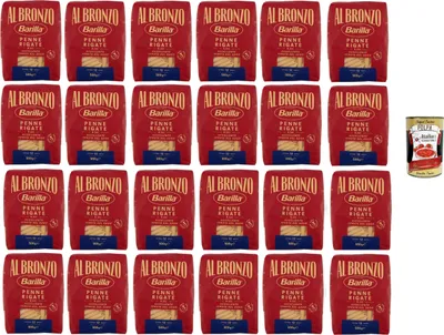 Produktbild von Barilla Al Bronzo Penne Rigate 24x500g – 12 kg Vorratspack, extraraue Bronze-Textur für maximalen Saucenhalt, al dente in 12 Min., 100% Hartweizengrieß, aus Italien + Italian Gourmet polpa