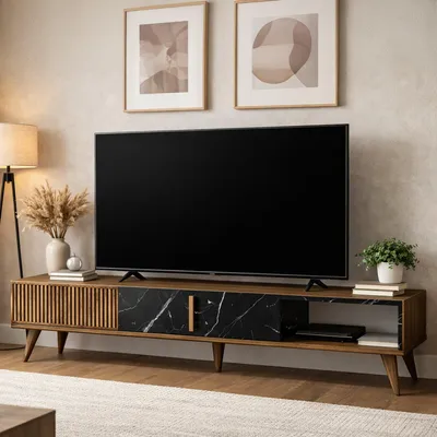 Image de Gordon - Meuble TV 180x35x40h cm Noyer Marron, une Étagère
