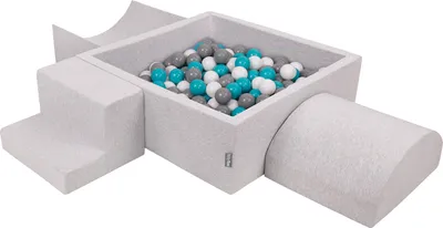 Produktbild von KiddyMoon spielplatz aus schaumstoff mit quadrat bällebad (300 bälle) ballgruben für babys spielbad hindernisläufen, hergestellt in der eu, hellgrau:grau/weiß/türkis