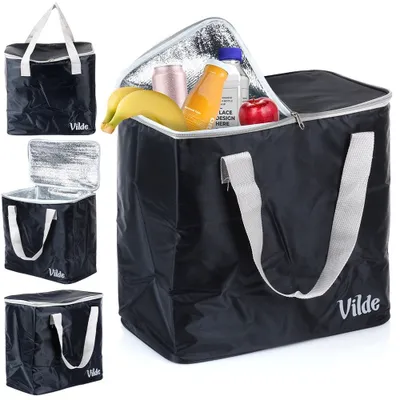 A collage of images showing a black Vilde cooler bag from different angles, with one image showing the bag open and filled with items.