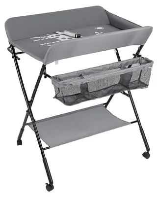Produktbild von Baby Wickeltisch mit 4 Rollen Wickeltisch Faltbar Baby Wickelkommode Tragbare Baby-Wickelstation mit Sicherheitsgurt und Aufbewahrungskörben (Grau)