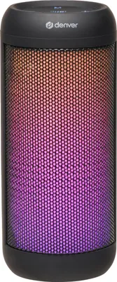 A black cylindrical speaker with a mesh grille that displays a gradient of colored lights from orange to purple.