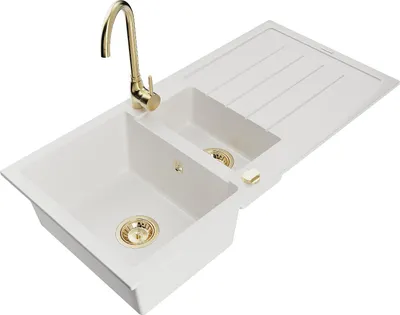 Immagine prodotto di Mexen Andres lavello in granito 1,5 vasche con scolapiatti e rubinetto da cucina Telma, bianco - 6515-20-670200-50