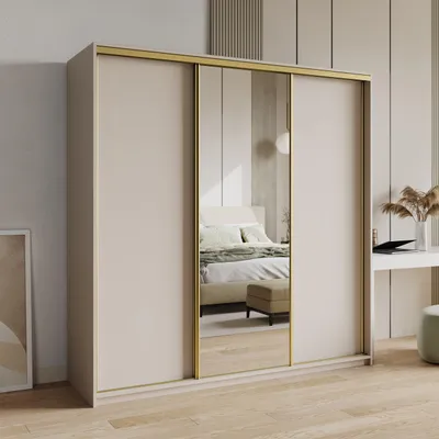 Produktbild von Masseno Schiebetürenschrank TAVI 180/205/60 cm Kleiderschrank mit 4 Schubladen Schlafzimmer Schrank 3-türig mit Spiegel Kaschmir