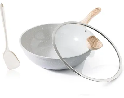 Image de Wok en céramique de 30 cm avec couvercle, compatible avec les plaques à induction, revêtement antiadhésif, adapté à tous les types de plaques de cuisson, sans PFOA ni PFAS