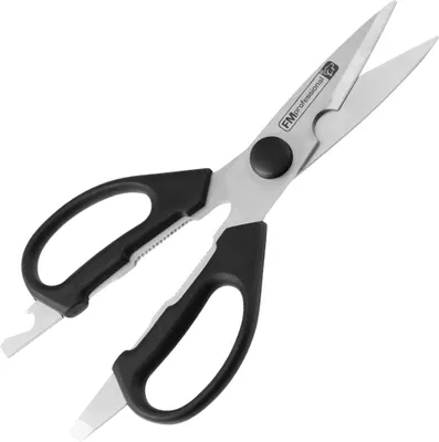 Produktbild von FMprofessional Mehrzweck-Küchenschere, hochwertige Allzweckschere mit Funktionsteil aus Edelstahl, Küchenschere mit integriertem Flaschenöffner (Farbe: Schwarz/Silber)