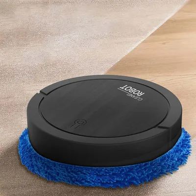 A black robot vacuum cleaner with a blue microfiber pad is cleaning a wooden floor.