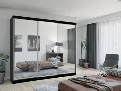 Produktbild von Krudox LUX Schwarz Schiebetürenschrank Kleiderschrank 250x216x62 cm mit Spiegel - Schlafzimmermöbel – Mehrzweckschrank mit 2 Kleiderstangen und 3 Schubladen