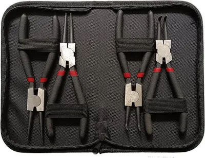 Produktbild von Set mit 4 professionellen 7-Zoll-Sicherungsringzangen, Innen- und Außensicherungsringzangen-Set, gerade und gebogen, rutschfester Griff mit Aufbewahrungstasche