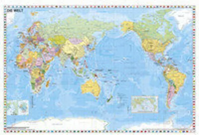Image de Bottes Carte du monde Monde politique centrée sur le Pacifique avec bordure de drapeau (98x68)