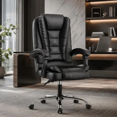 Produktbild von Chefsessel Bürostuhl, Ergonomischer Bürostuhl, Kunstleder Computerstuhl mit Gepolsterter Armlehnen, Hohe Rückenlehne Ergonomische Liege mit Kippfunktion