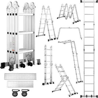Produktbild von TEENO Multifunktionsleiter 7-in-1, 3,6 m, 4 x 3 Stufen, Klappleiter aus Aluminium mit 2 Plattformen, Gummifüße, 2 abnehmbare Räder, 12 Sprossen