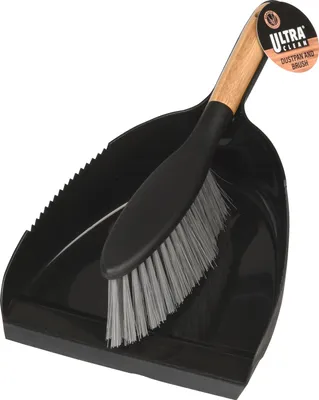A black dustpan and brush set with a wooden handle.