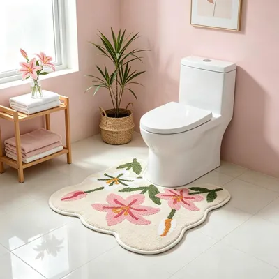 Immagine prodotto di Tappetino da bagno a forma di U, motivo "Giglio", 50x55 cm, in microfibra, antiscivolo, lavabile