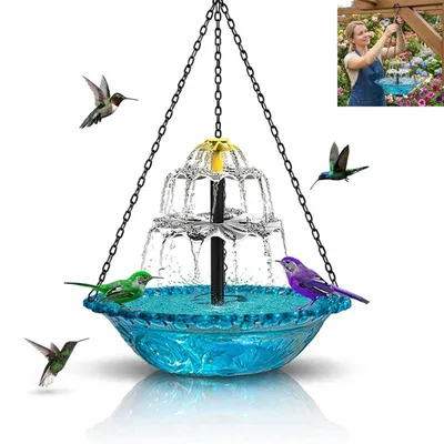 Produktbild von Solar Springbrunnen Vogeltränke, Vogeltränken – Hängender Gartendekor Brunnen aus ABS, Metallketten, Für Vögel Baden & Singen, Außenbereich, Blau