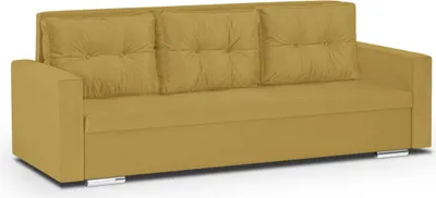 A yellow sofa with three cushions is shown against a white background.