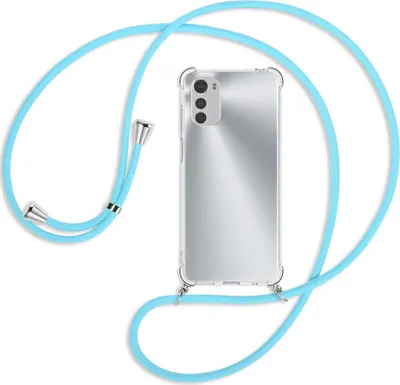 Produktbild von Handykette Backcover-Schutzhülle mit Band (Metall silberfarben) für Motorola Moto E32, Moto E32s - himmelblau