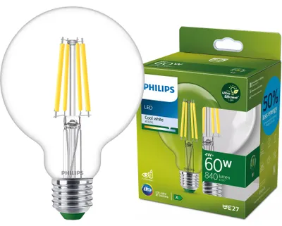 Zdjęcie produktu dla Philips Przezroczysta żarówka z widocznym spiralnym żarnikiem 60 W G95 E27, 4 W, 60 W, E27, 840 lm, 50000 h, Zimne białe