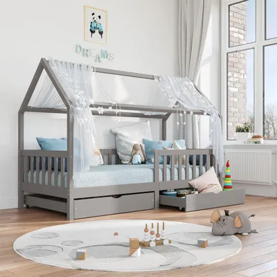 Produktbild von Hausbett NUNA aus massiver Kiefer, Montessori Bett in 90 x 200 cm mit Rausfallschutz, Spielbett mit Schubladen, modernes Kinderbett mit Dach in grau