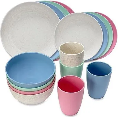 Image de Set de vaisselle de camping pour 4 personnes, couverts de table, incassables, service de plein air, ensemble de 16 pièces